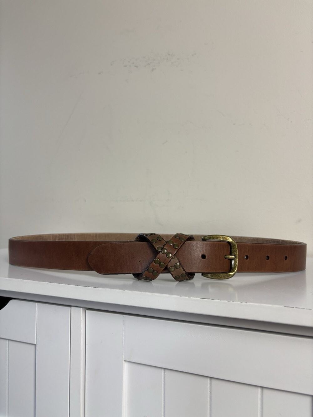 Lucky Brand Studded Leather Belt Women’s L Brown Brass Tone Buckle Boho Western
